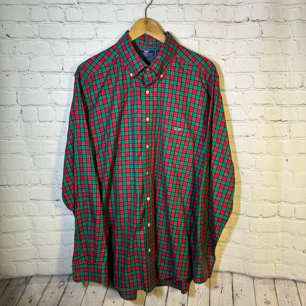 Vineyard Vines Mens Slim Fit Tucker Shirt Red Green Plaid Cotton Large 1W1384